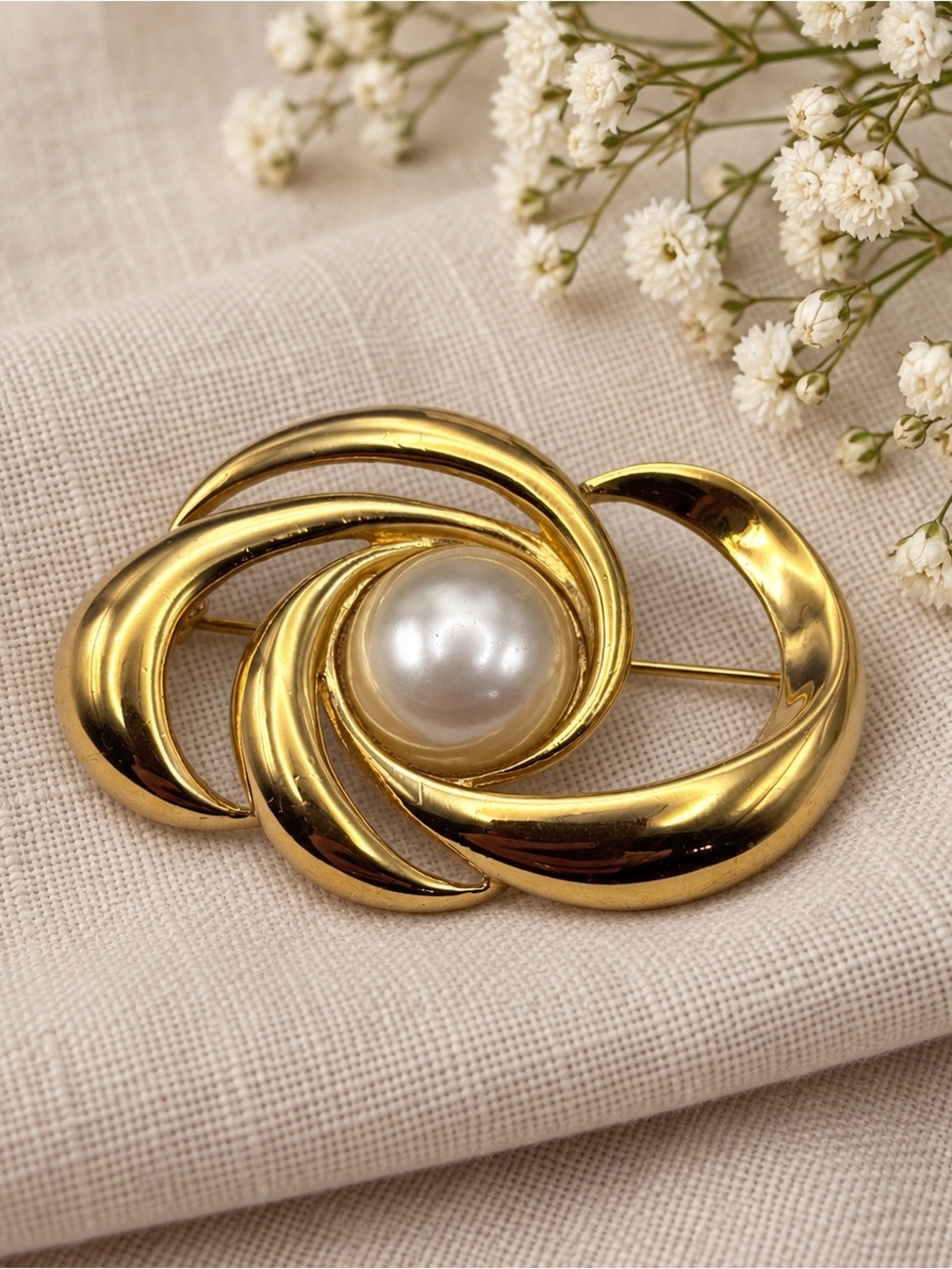 Vintage Gold-Tone Pearl Swirl Brooch